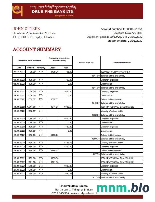 Bhutan Bank Of Bhutan wzór wyciągu bankowego w formacie Word i PDF
